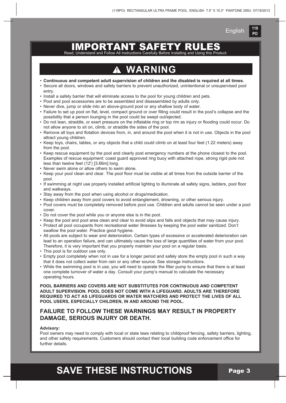 Save these instructions, Important safety rules, Warning | English page 3 | Intex 32FT X 16FT X 52IN RECTANGULAR POOL SET 2014 User Manual | Page 3 / 14