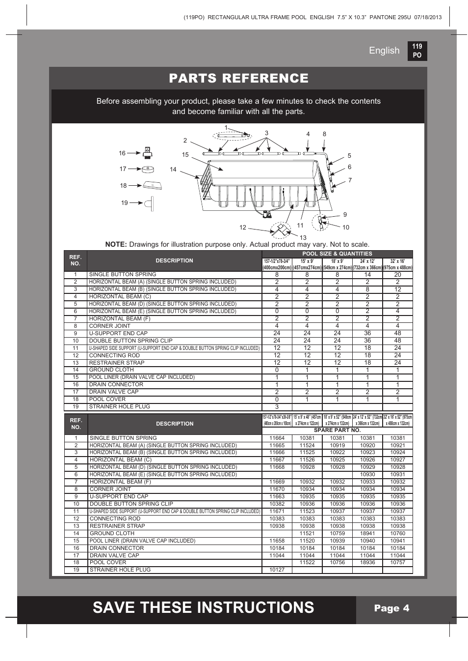 Save these instructions, Parts reference, English page 4 | Intex 32FT X 16FT X 52IN RECTANGULAR POOL SET 2014 User Manual | Page 4 / 14