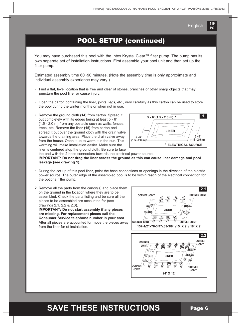 Save these instructions, Pool setup (continued), English page 6 | Intex 32FT X 16FT X 52IN RECTANGULAR POOL SET 2014 User Manual | Page 6 / 14
