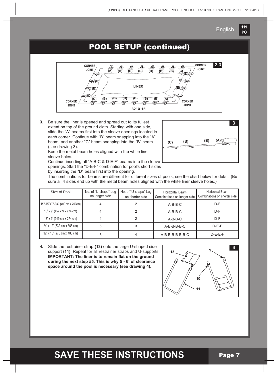 Save these instructions, Pool setup (continued), English page 7 | Intex 32FT X 16FT X 52IN RECTANGULAR POOL SET 2014 User Manual | Page 7 / 14