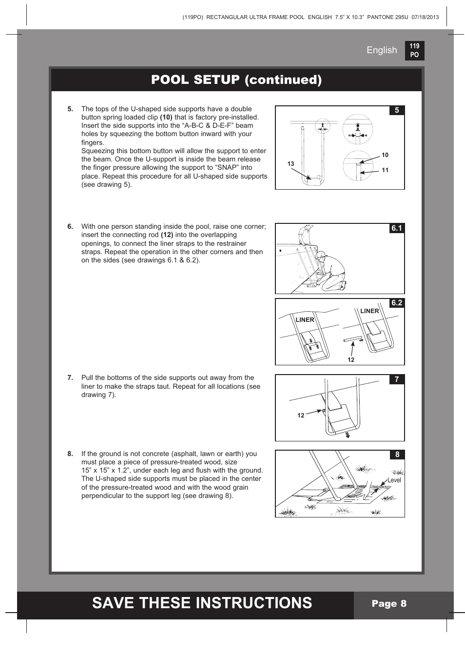 Save these instructions, Pool setup (continued), English page 8 | Intex 32FT X 16FT X 52IN RECTANGULAR POOL SET 2014 User Manual | Page 8 / 14