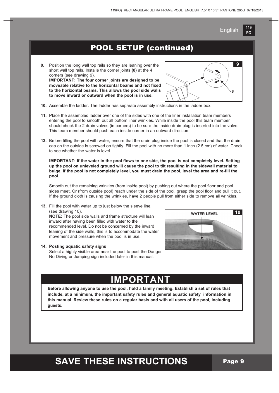 Save these instructions, Important, Pool setup (continued) | English page 9 | Intex 32FT X 16FT X 52IN RECTANGULAR POOL SET 2014 User Manual | Page 9 / 14