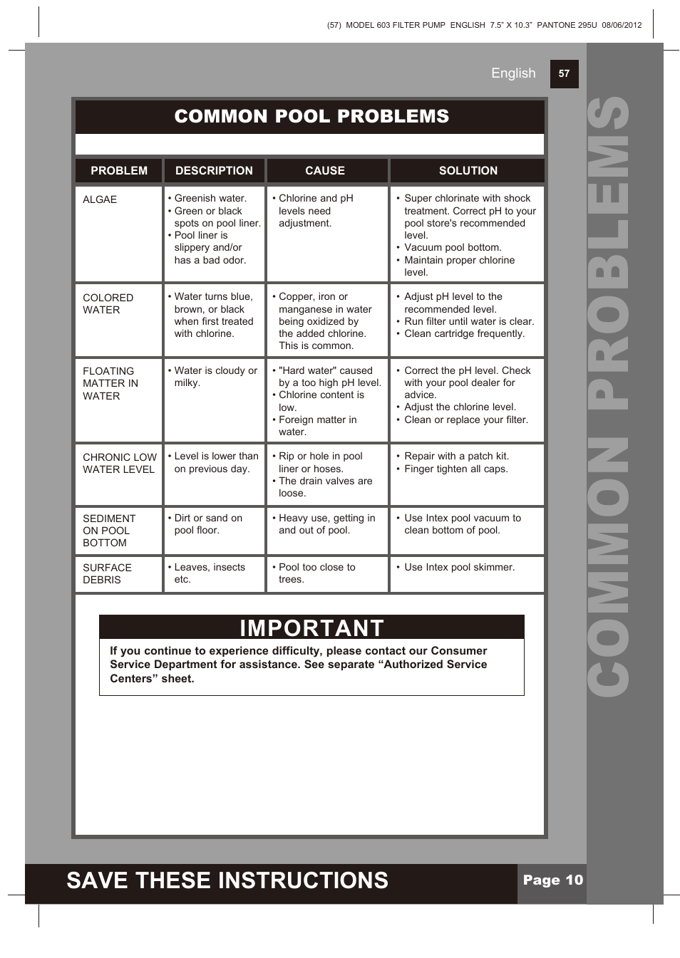 Common problems, Save these instructions, Important | Common pool problems | Intex 603 Krystal Clear 2013 User Manual | Page 10 / 12
