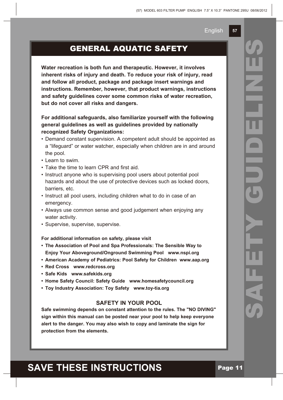 Safety guidelines, Save these instructions | Intex 603 Krystal Clear 2013 User Manual | Page 11 / 12
