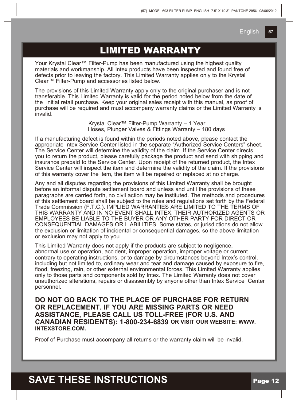 Save these instructions, Parts list, Limited warranty | Intex 603 Krystal Clear 2013 User Manual | Page 12 / 12