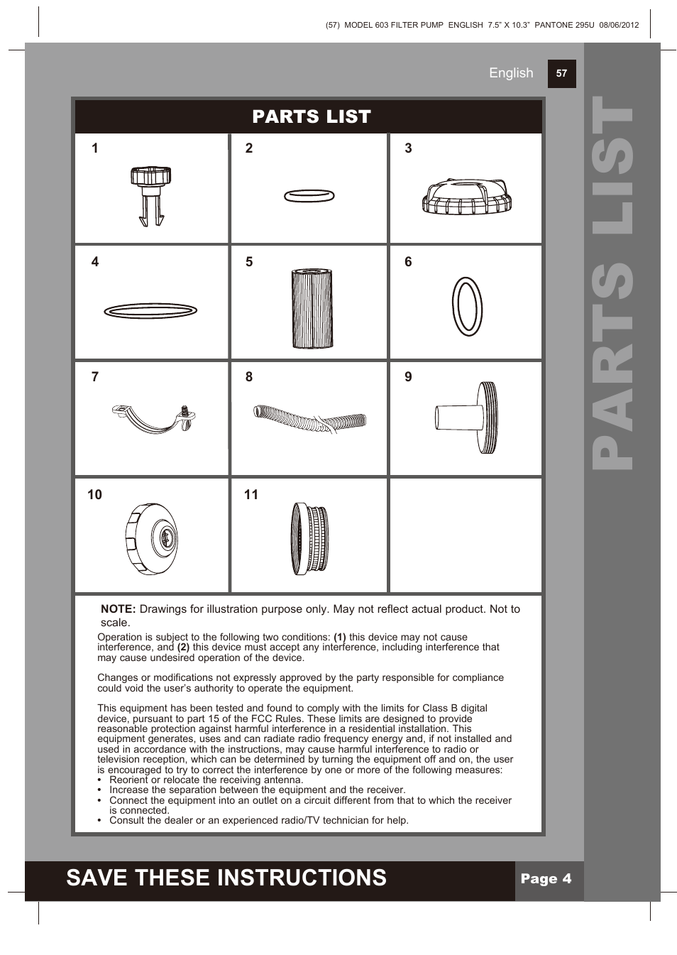Parts list, Save these instructions | Intex 603 Krystal Clear 2013 User Manual | Page 4 / 12