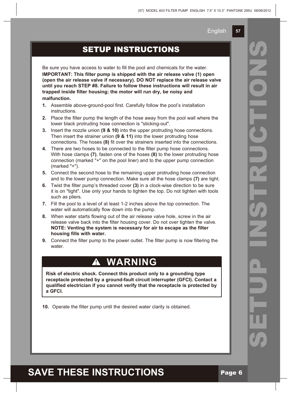 Setup instructions, Save these instructions, Warning | Intex 603 Krystal Clear 2013 User Manual | Page 6 / 12