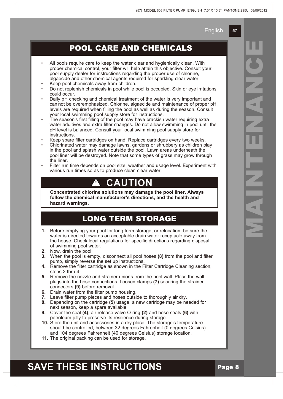 Maintenance, Save these instructions, Caution | Pool care and chemicals, Long term storage | Intex 603 Krystal Clear 2013 User Manual | Page 8 / 12