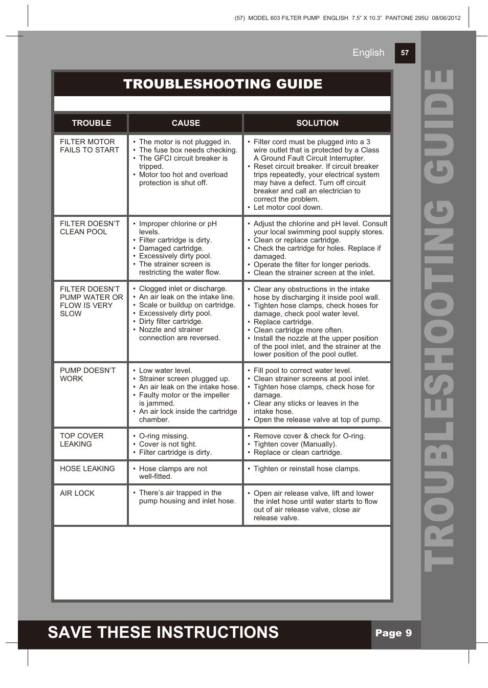 Save these instructions, Troubleshooting guide | Intex 603 Krystal Clear 2013 User Manual | Page 9 / 12