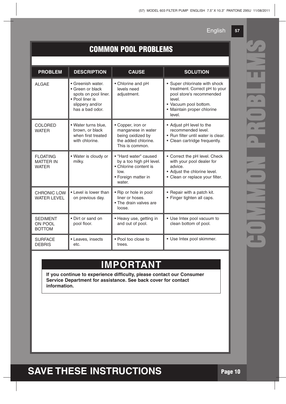 Cc oo mm mm oo nn pp rr oo bb llee mm ss, Save these instructions, Important | Intex 603 Krystal Clear 2012 User Manual | Page 10 / 14