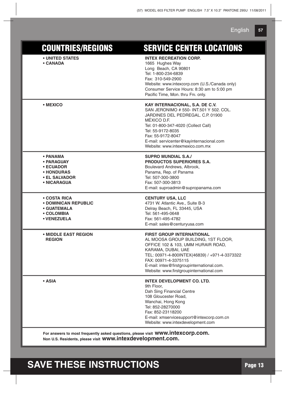 Save these instructions, Countries/regions service center locations, Page 13 | English | Intex 603 Krystal Clear 2012 User Manual | Page 13 / 14