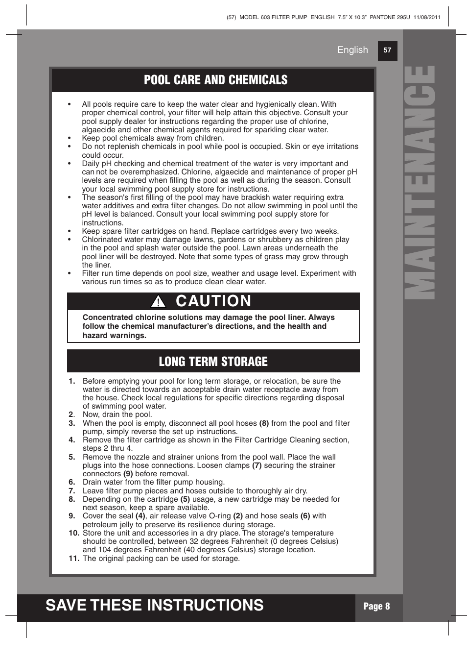 Mm aa iinn tt ee nn aa nn cc ee, Save these instructions, Caution | Intex 603 Krystal Clear 2012 User Manual | Page 8 / 14