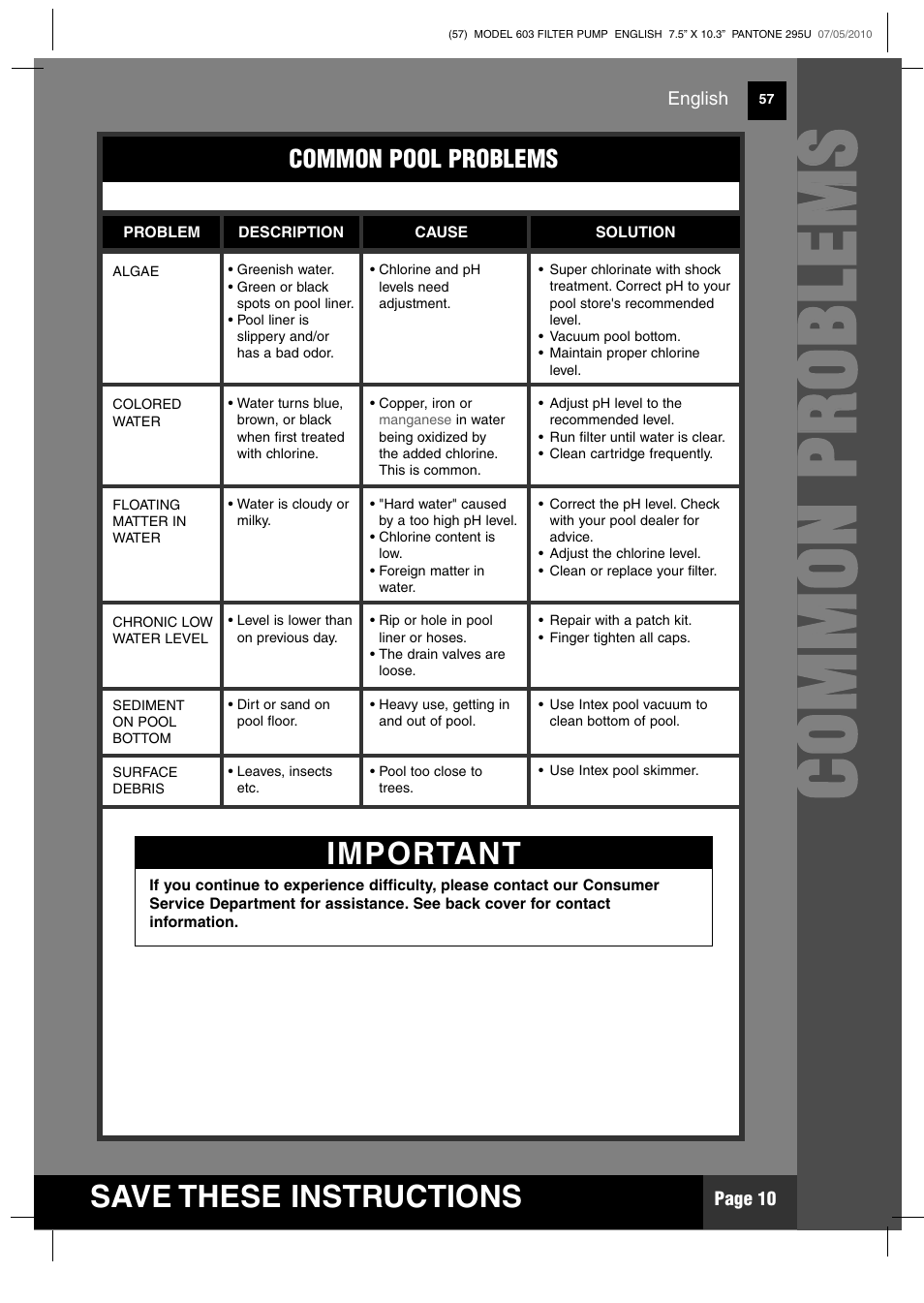 Cc oo mm mm oo nn pp rr oo bb llee mm ss, Save these instructions, Important | Intex 603 Krystal Clear 2011 User Manual | Page 10 / 14