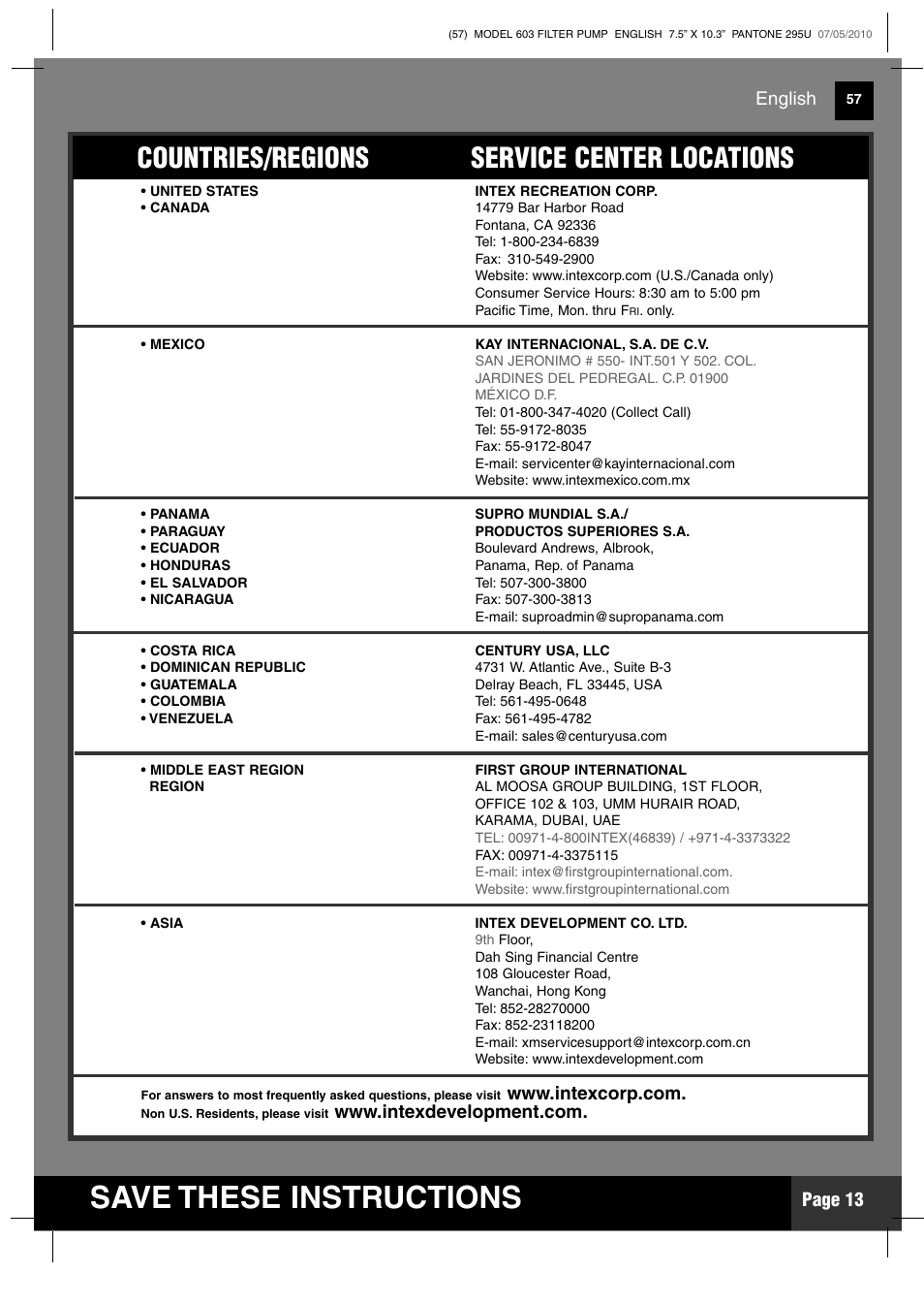 Save these instructions, Countries/regions service center locations, Page 13 | English | Intex 603 Krystal Clear 2011 User Manual | Page 13 / 14