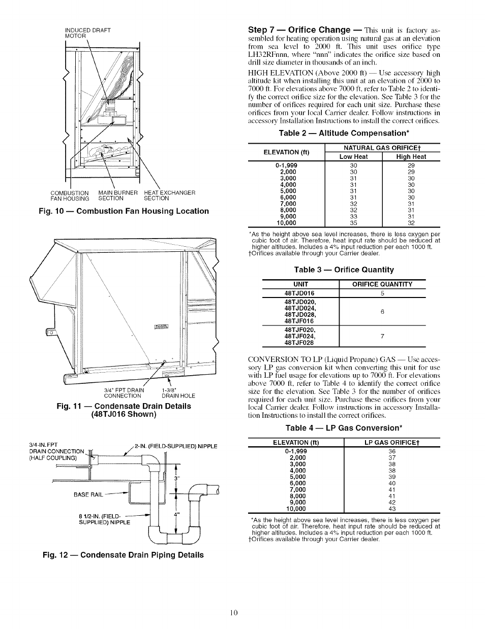Step 7 — orifice change, Table 3 — orifice quantity, Fig. 12 — condensate drain piping details | Carrier 48TJ016-028 User Manual | Page 10 / 56