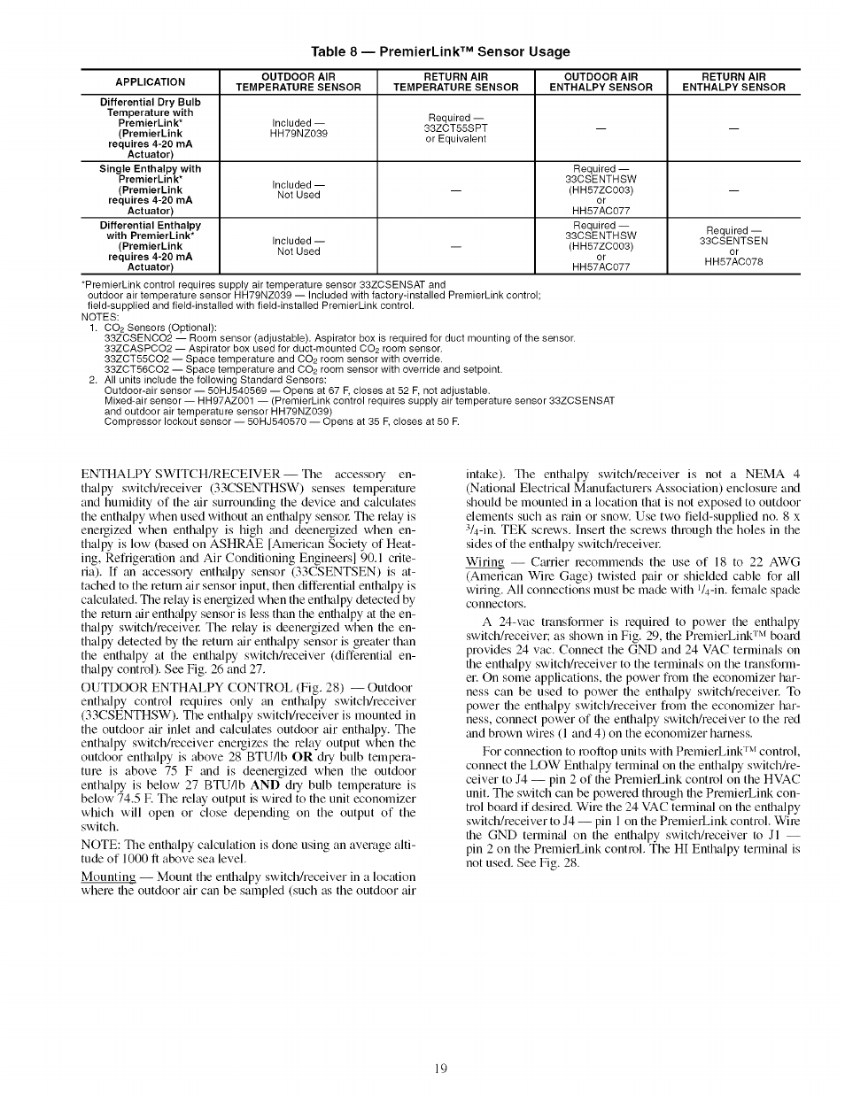 Table 8 — premlerlinkt“ sensor usage | Carrier 48TJ016-028 User Manual | Page 19 / 56