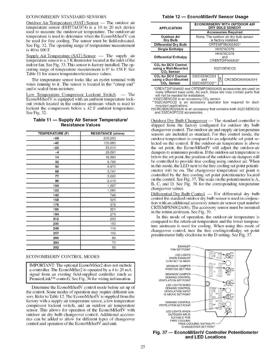 Table 12 — economi$erlv sensor usage | Carrier 48TJ016-028 User Manual | Page 25 / 56