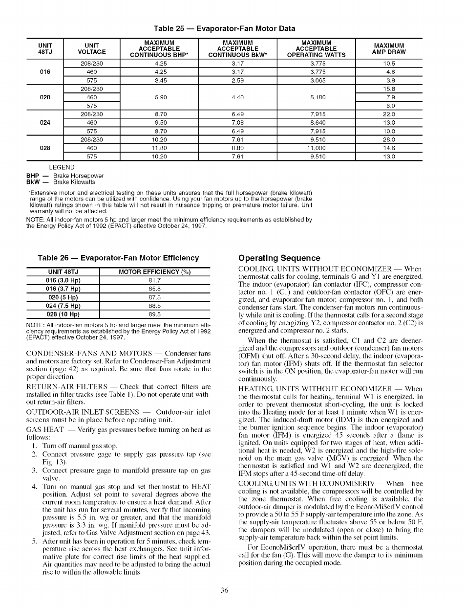 Operating sequence, Table 25 — evaporator-fan motor data | Carrier 48TJ016-028 User Manual | Page 36 / 56
