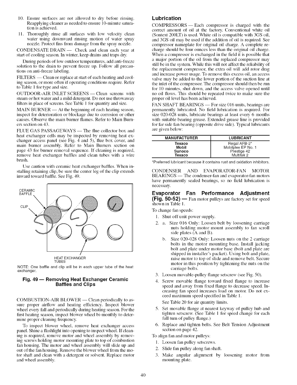 Lubrication, Evaporator fan performance adjustment (fig. 50-52) | Carrier 48TJ016-028 User Manual | Page 40 / 56