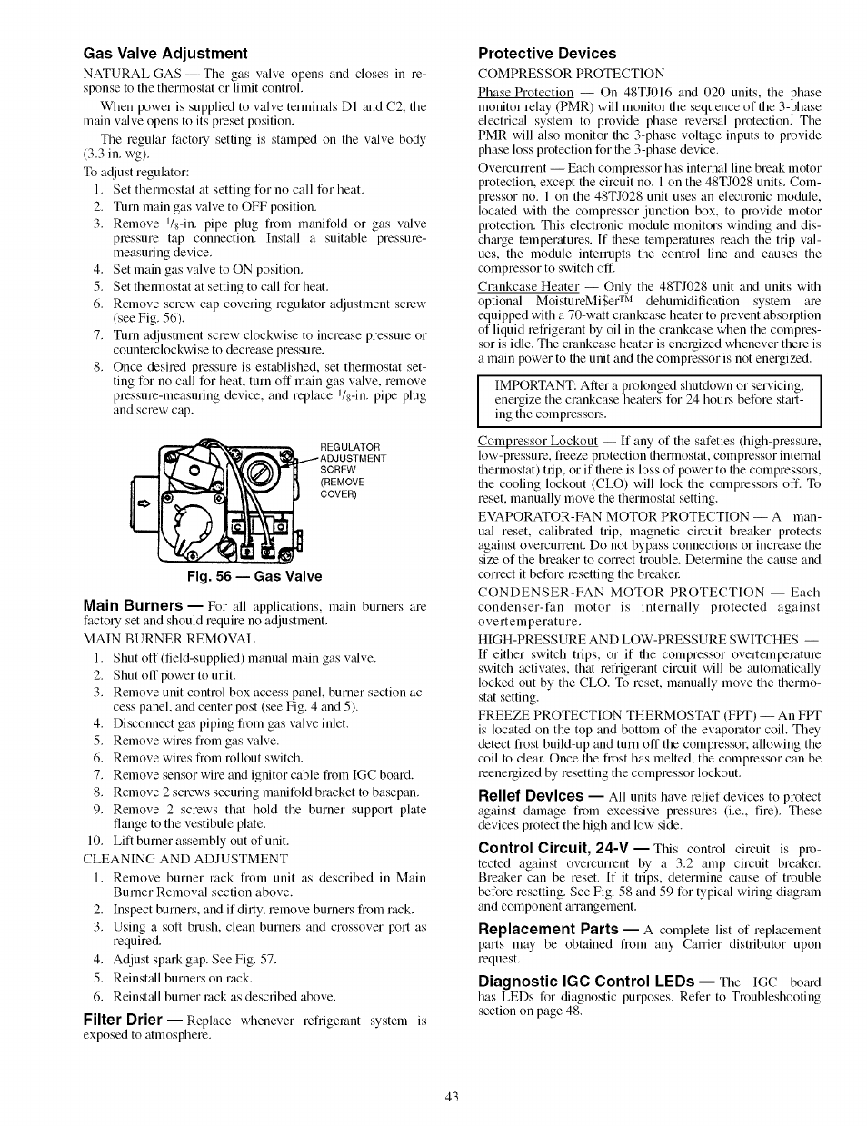 Gas valve adjustment, Protective devices | Carrier 48TJ016-028 User Manual | Page 43 / 56