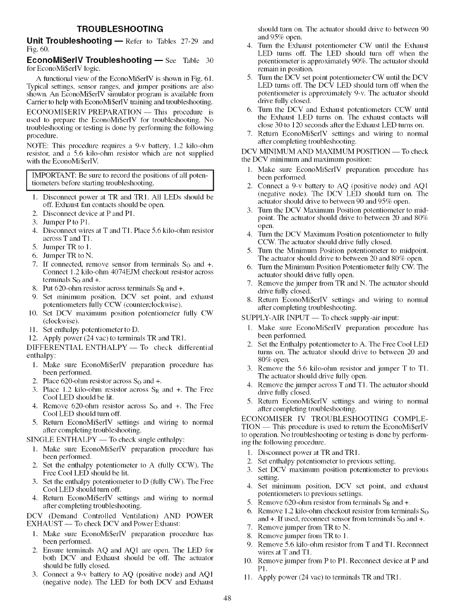 Troubleshooting, Economi$erlv troubleshooting — see table 30, Troubleshooting 52 | Carrier 48TJ016-028 User Manual | Page 48 / 56