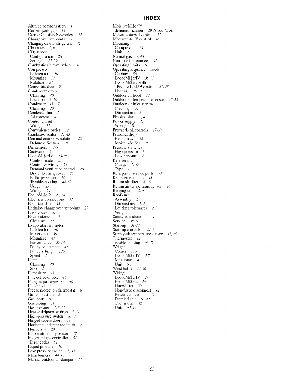 Index | Carrier 48TJ016-028 User Manual | Page 53 / 56