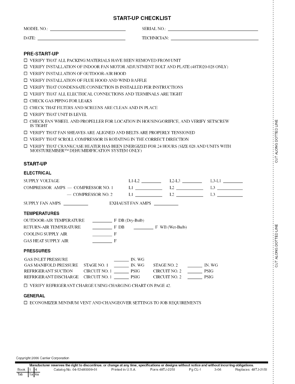 Start-up checklist, Pre-start-up, Start-up | Carrier 48TJ016-028 User Manual | Page 56 / 56