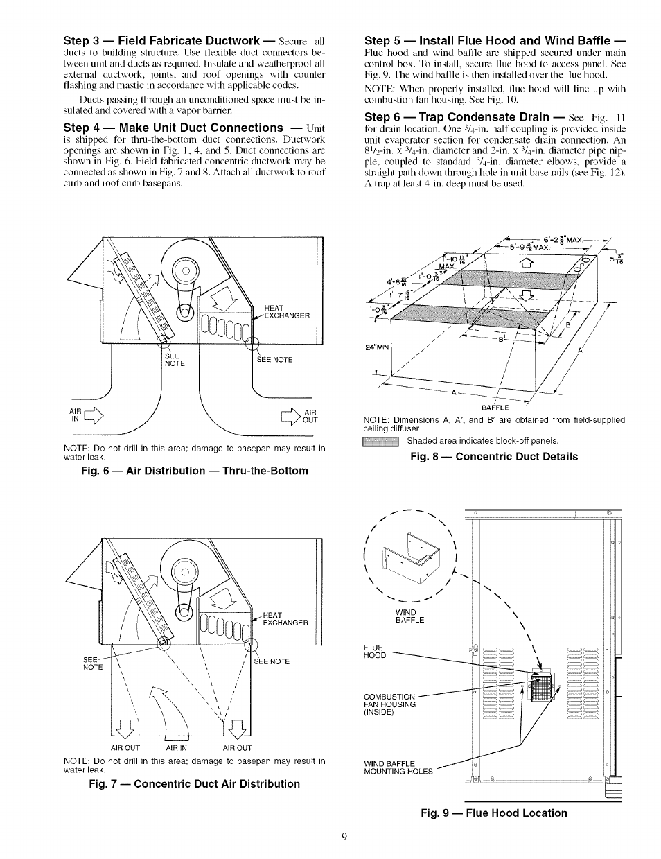 Step 3 — field fabricate ductwork — secure all, Step 4 — make unit duct connections — unit, Step 5 — install flue hood and wind baffle | Step 3 — field fabricate ductwork, Step 4, Make unit duct connections, Step 6, Trap condensate drain | Carrier 48TJ016-028 User Manual | Page 9 / 56