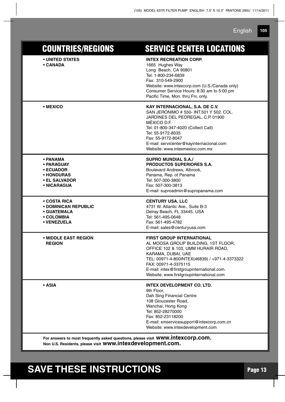 Save these instructions, Countries/regions service center locations, Page 13 | English | Intex 637R Krystal Clear 2012 User Manual | Page 13 / 14