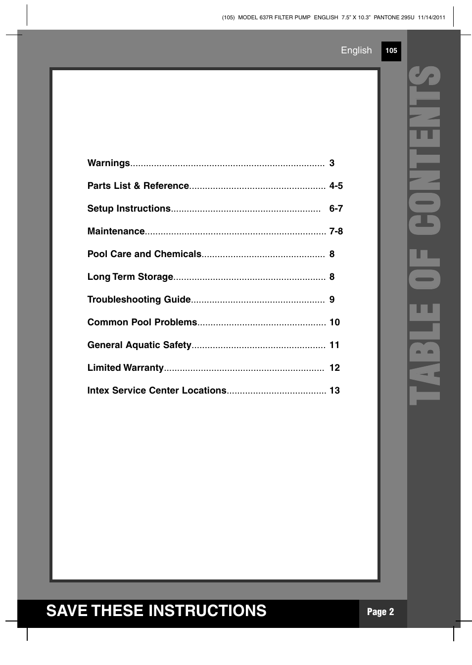 Tt aa bb ll ee oo ff cc oo nn tt ee nn tt ss | Intex 637R Krystal Clear 2012 User Manual | Page 2 / 14