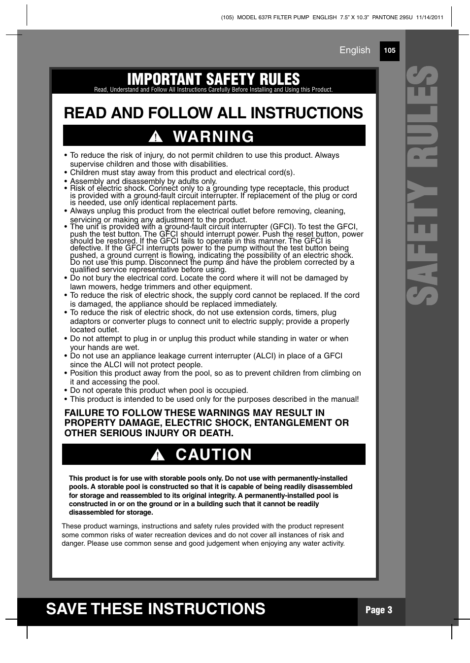 Ss aa ff ee tt yy rr uu ll ee ss | Intex 637R Krystal Clear 2012 User Manual | Page 3 / 14