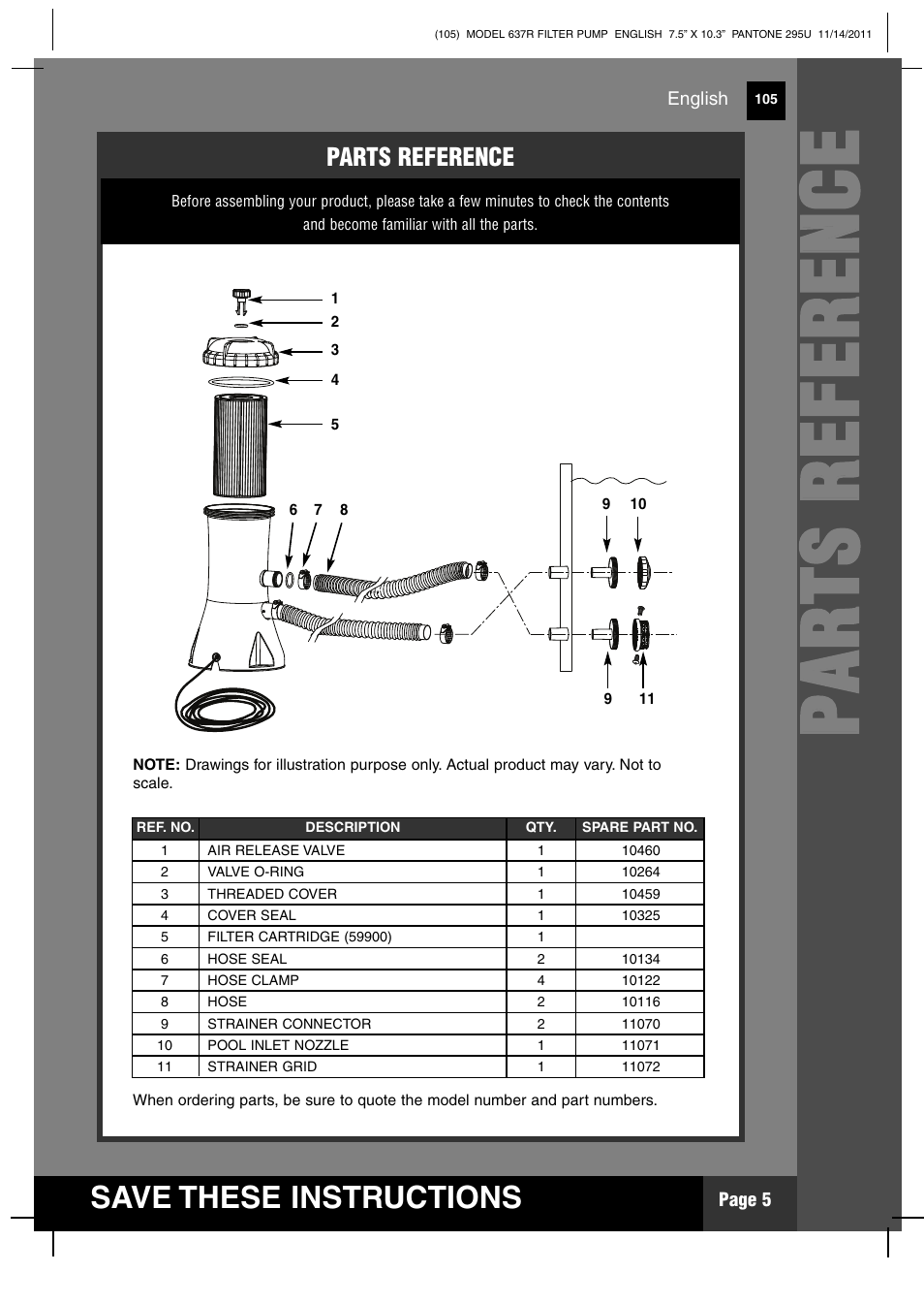 Pp aa rr tt ss rr ee ff ee rr ee nn cc ee, Save these instructions | Intex 637R Krystal Clear 2012 User Manual | Page 5 / 14