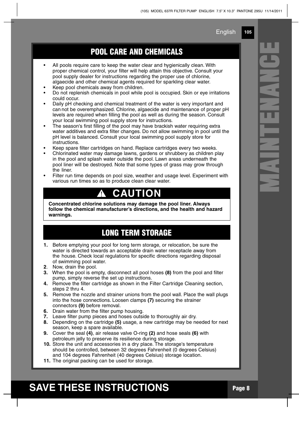 Mm aa iinn tt ee nn aa nn cc ee, Save these instructions, Caution | Intex 637R Krystal Clear 2012 User Manual | Page 8 / 14