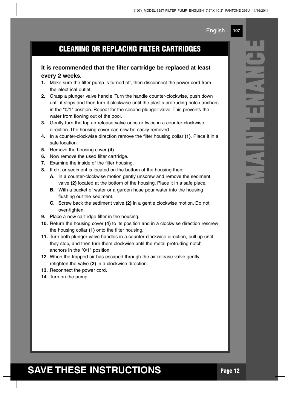 Mm aa iinn tt ee nn aa nn cc ee, Save these instructions | Intex 635T Krystal Clear 2012 User Manual | Page 12 / 19