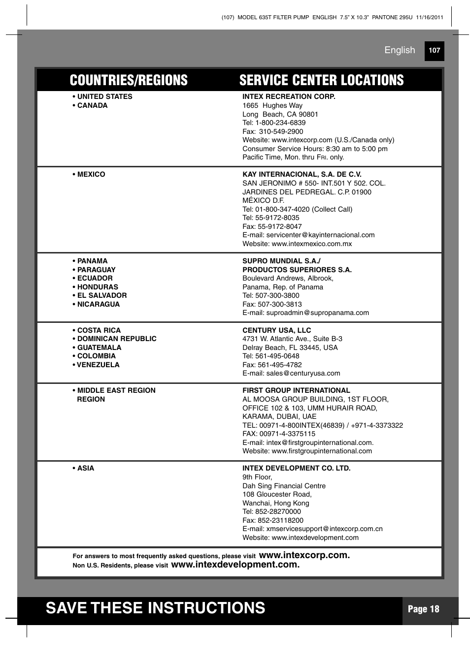 Save these instructions, Countries/regions service center locations, Page 18 | English | Intex 635T Krystal Clear 2012 User Manual | Page 18 / 19