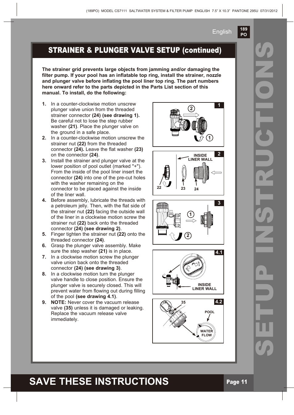 Setup instructions, Save these instructions, Strainer & plunger valve setup (continued) | Intex CS7111 Krystal Clear Saltwater System 2013 User Manual | Page 11 / 32