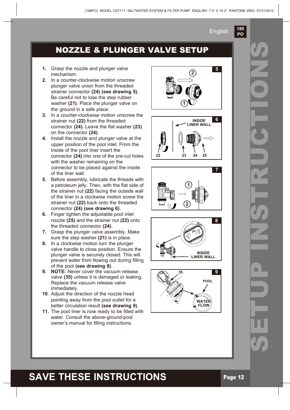 Setup instructions, Save these instructions, Nozzle & plunger valve setup | Intex CS7111 Krystal Clear Saltwater System 2013 User Manual | Page 12 / 32