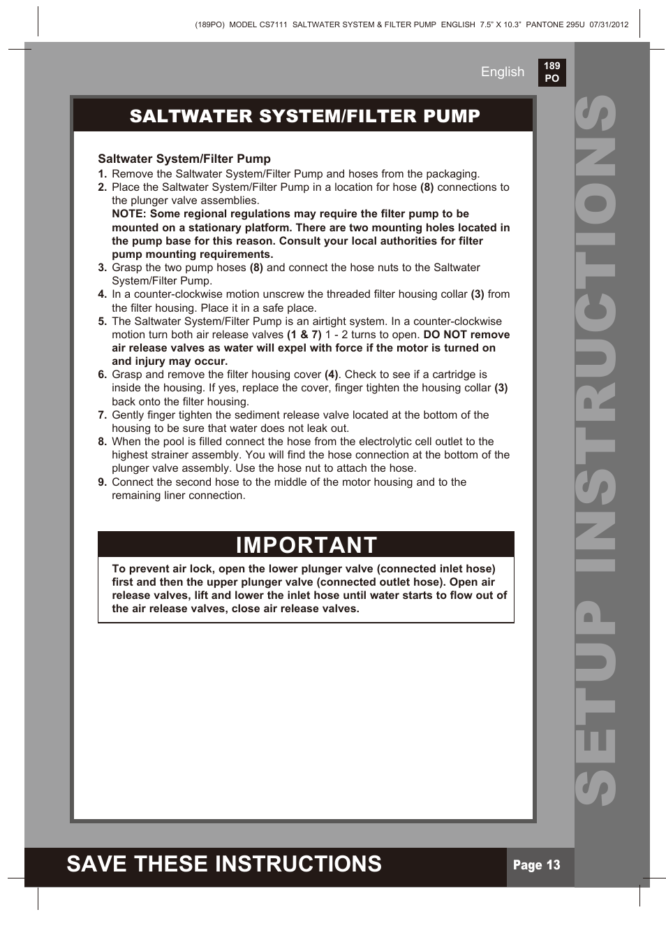 Setup instructions, Save these instructions, Important | Saltwater system/filter pump | Intex CS7111 Krystal Clear Saltwater System 2013 User Manual | Page 13 / 32