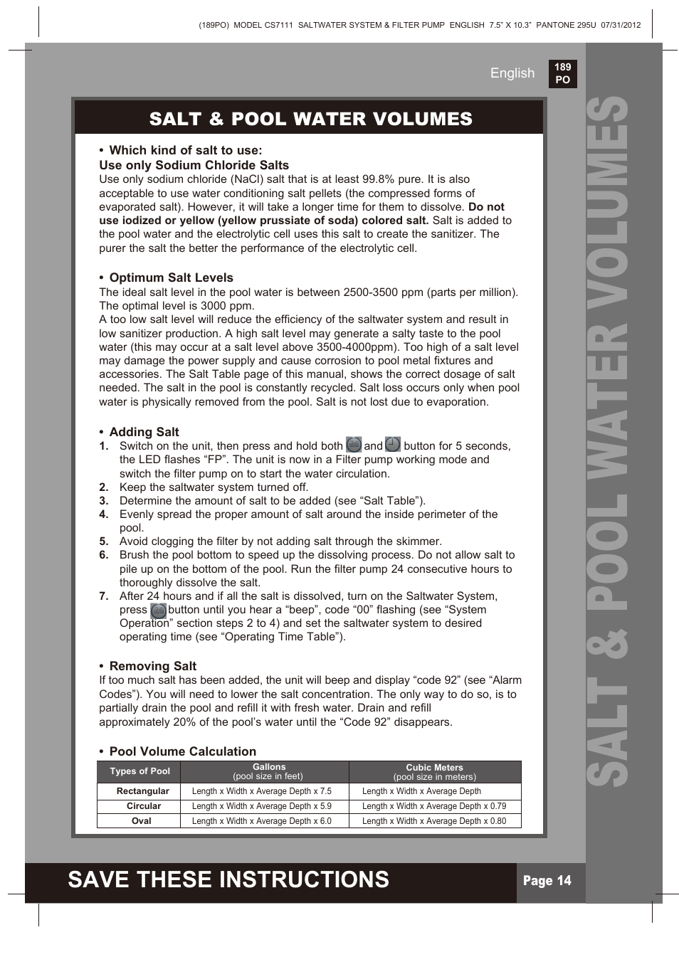 Salt & pool water volumes, Save these instructions | Intex CS7111 Krystal Clear Saltwater System 2013 User Manual | Page 14 / 32
