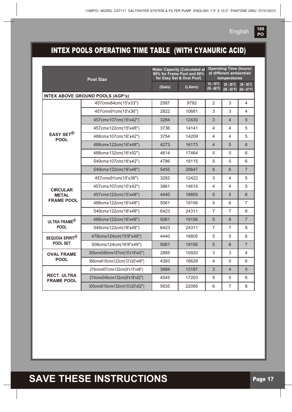 Save these instructions, Page 17 english | Intex CS7111 Krystal Clear Saltwater System 2013 User Manual | Page 17 / 32