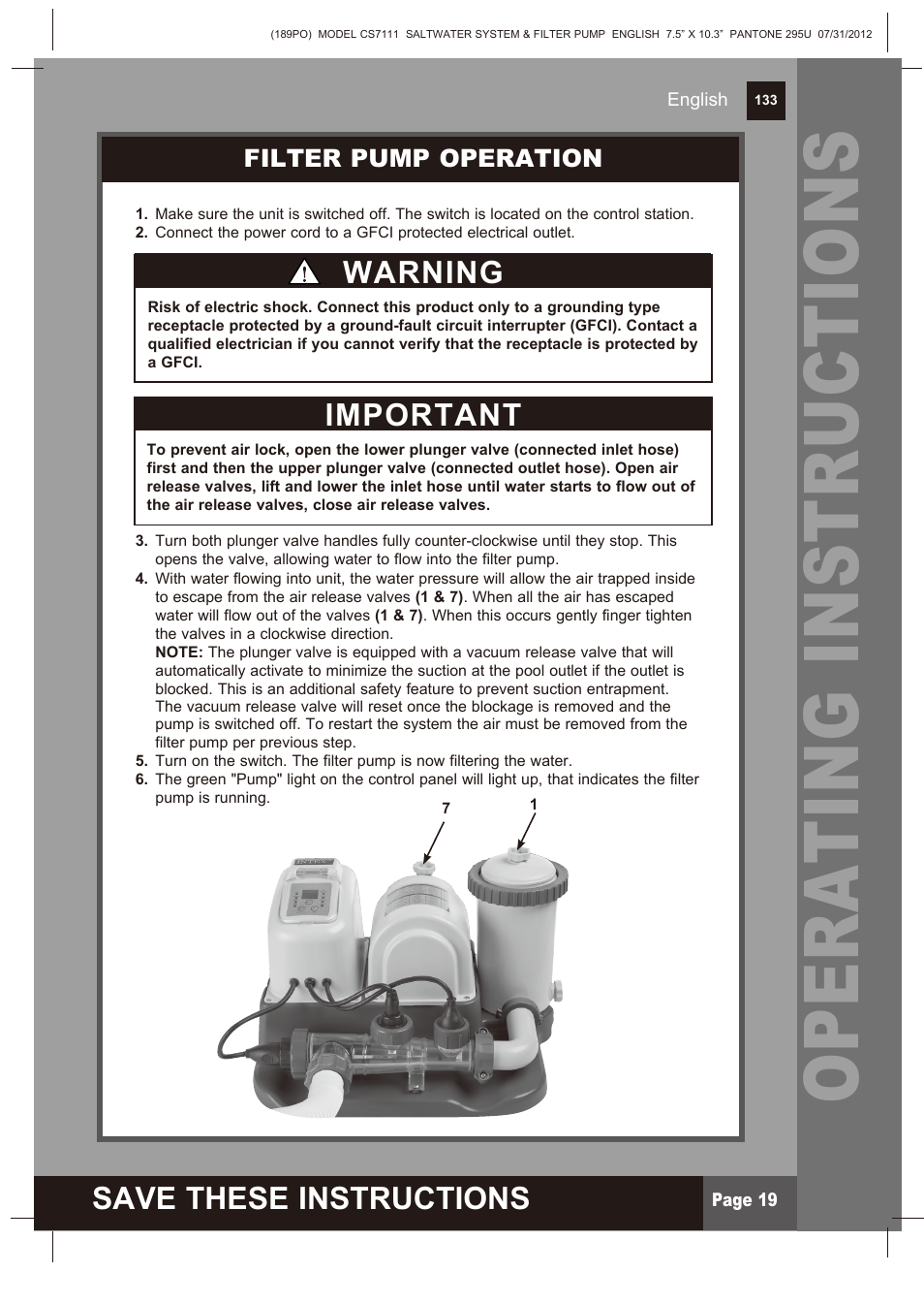 Operating instructions, Save these instructions, Important | Warning, Filter pump operation | Intex CS7111 Krystal Clear Saltwater System 2013 User Manual | Page 19 / 32