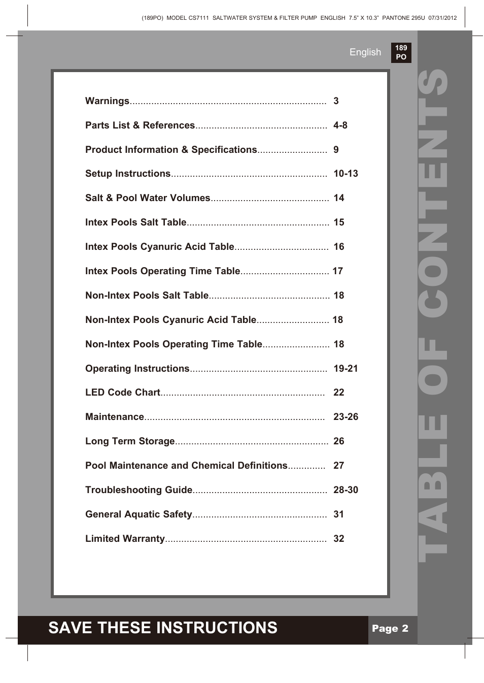 Intex CS7111 Krystal Clear Saltwater System 2013 User Manual | Page 2 / 32