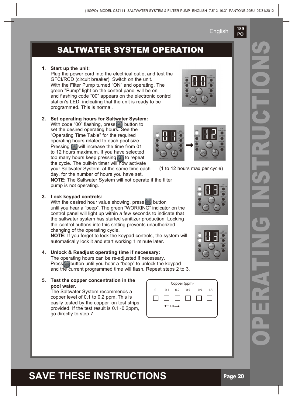 Operating instructions, Save these instructions, Saltwater system operation | Intex CS7111 Krystal Clear Saltwater System 2013 User Manual | Page 20 / 32