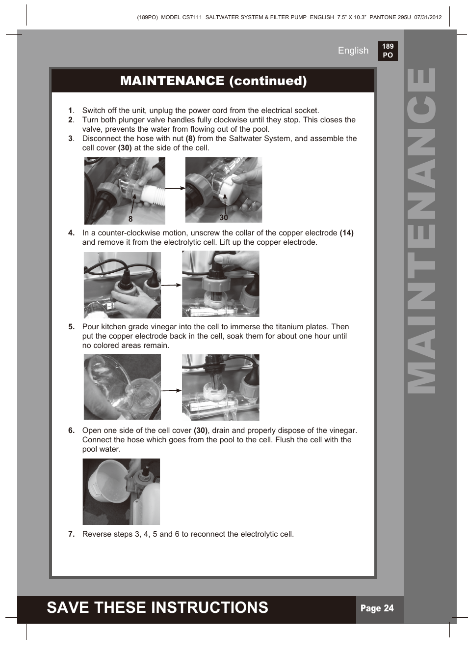 Maintenance, Save these instructions, Maintenance (continued) | Intex CS7111 Krystal Clear Saltwater System 2013 User Manual | Page 24 / 32