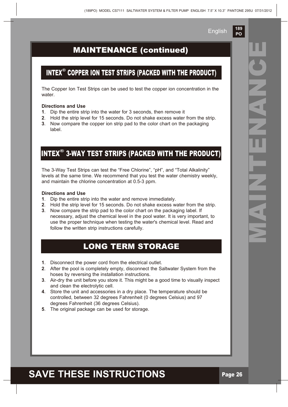 Maintenance, Save these instructions, Maintenance (continued) | Intex, Copper ion test strips (packed with the product) | Intex CS7111 Krystal Clear Saltwater System 2013 User Manual | Page 26 / 32