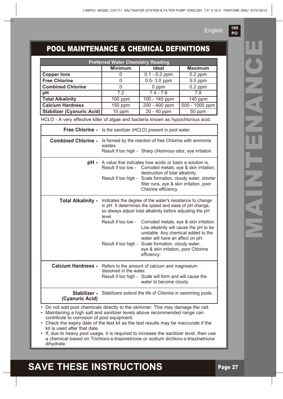 Maintenance, Save these instructions, Pool maintenance & chemical definitions | Intex CS7111 Krystal Clear Saltwater System 2013 User Manual | Page 27 / 32