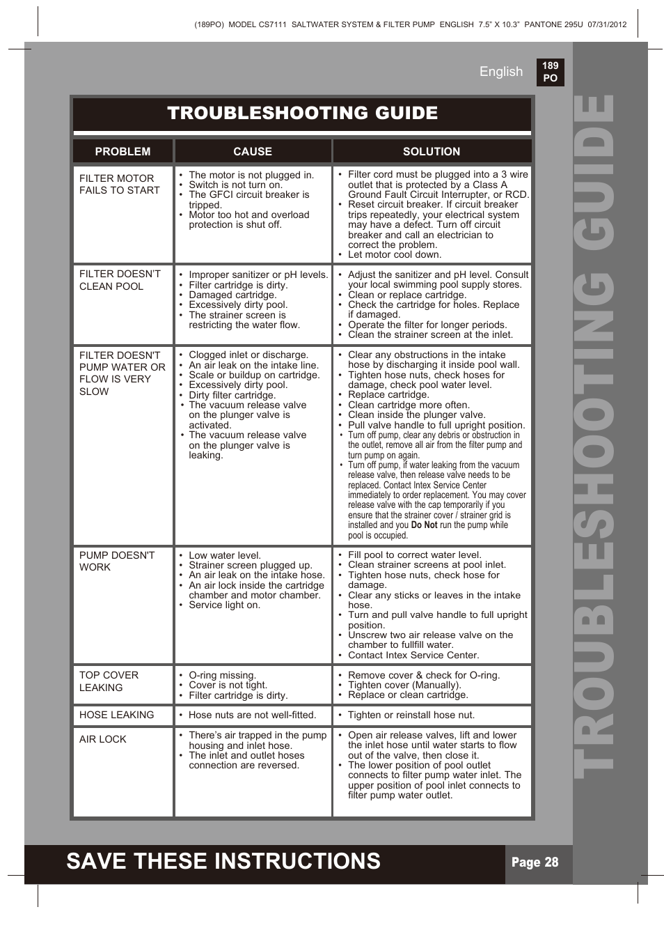 Save these instructions, Troubleshooting guide, Page 28 english | Intex CS7111 Krystal Clear Saltwater System 2013 User Manual | Page 28 / 32