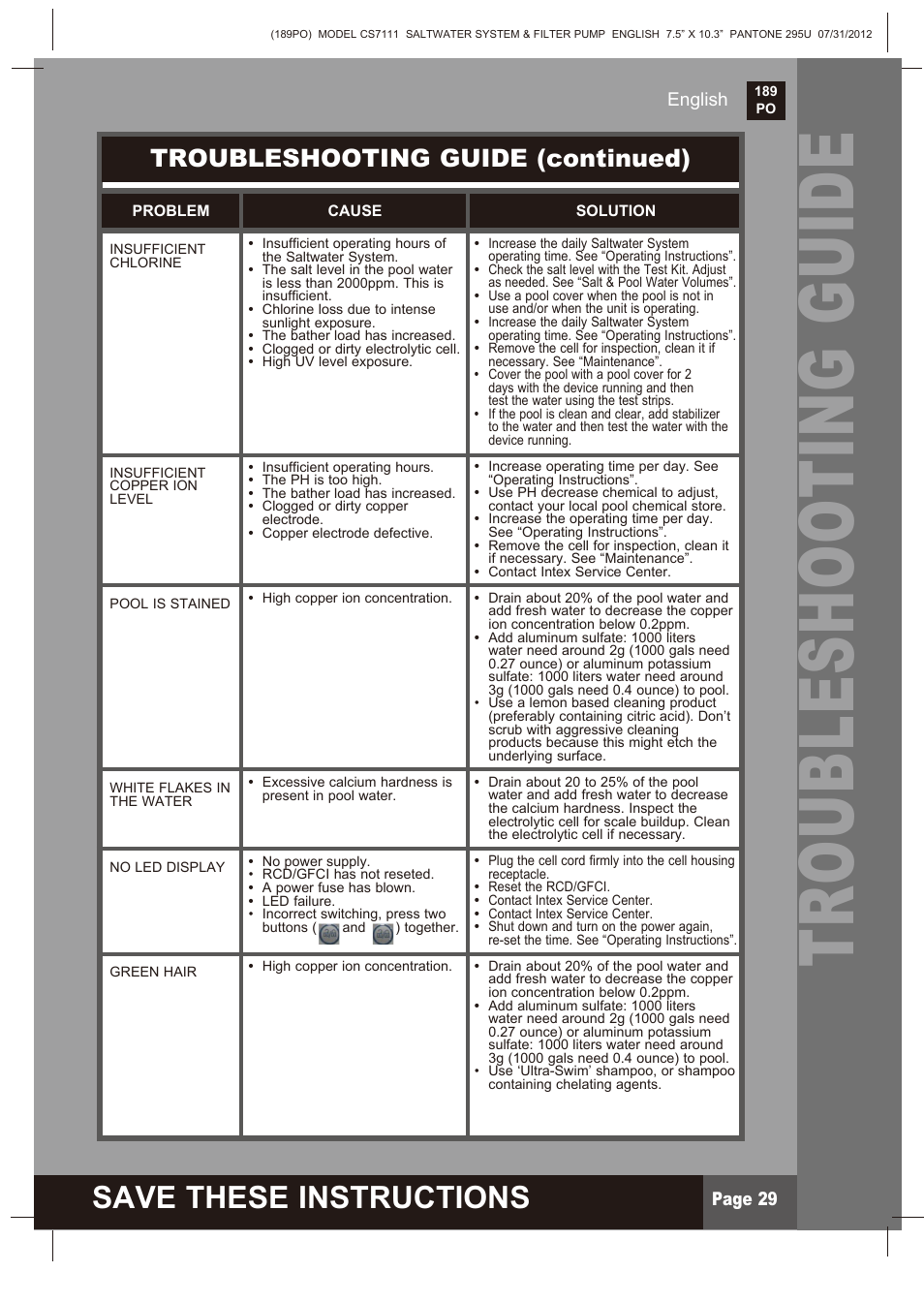 Troubleshooting guide, Save these instructions, Troubleshooting guide (continued) | Intex CS7111 Krystal Clear Saltwater System 2013 User Manual | Page 29 / 32