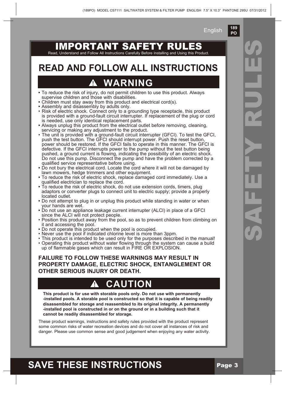 Safety rules, Save these instructions, Caution warning | Important safety rules, Read and follow all instructions | Intex CS7111 Krystal Clear Saltwater System 2013 User Manual | Page 3 / 32