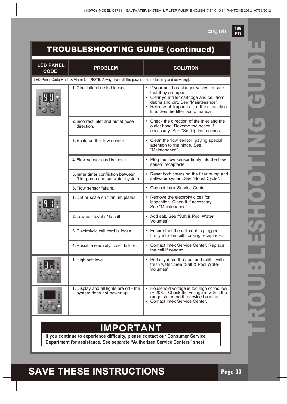 Troubleshooting guide, Save these instructions, Important | Troubleshooting guide (continued) | Intex CS7111 Krystal Clear Saltwater System 2013 User Manual | Page 30 / 32